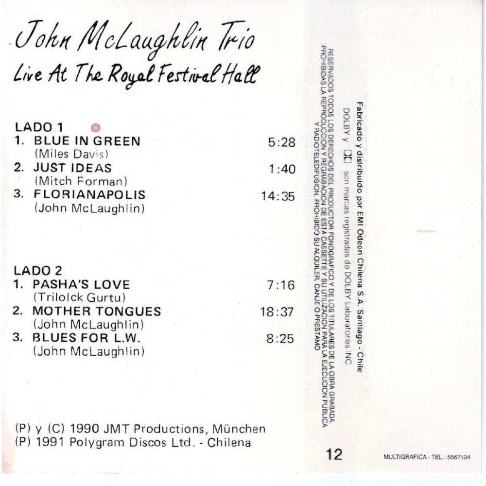 JOHN McLAUGHLIN TRIO - LIVE AT THE ROYAL FESTIVAL HALL - CASSETTES -  Cassette - MONOPHONE